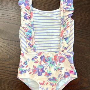 RuffleButts Girls Floral Striped Ruffle Swimsuit